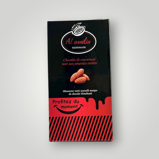 Tablette de Chocolat Noir de Couverture Artisanale aux Amandes – 100% Naturelle شكلاط أسود طبيعي باللوز