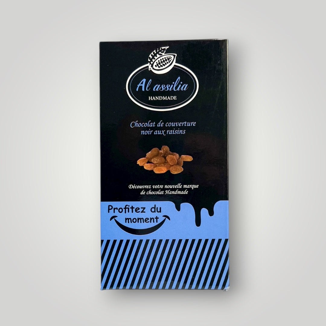 Tablette de Chocolat Noir de Couverture Artisanale aux Raisins Secs – 100% Naturelle شكلاط أسود طبيعي بالزبيب