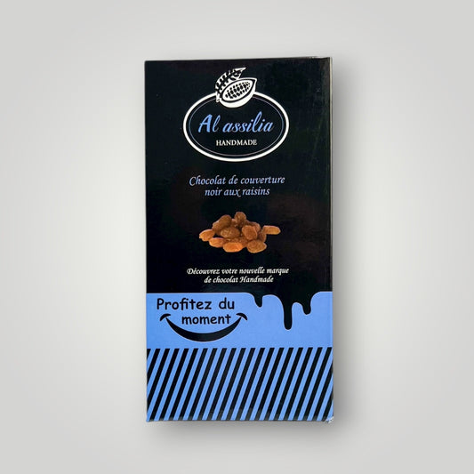 Tablette de Chocolat Noir de Couverture Artisanale aux Raisins Secs – 100% Naturelle شكلاط أسود طبيعي بالزبيب