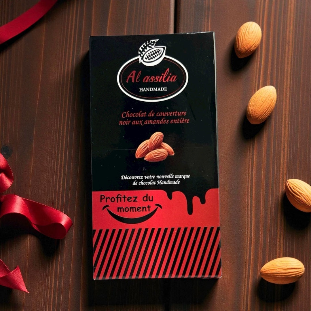 Tablette de Chocolat Noir de Couverture Artisanale aux Amandes – 100% Naturelle شكلاط أسود طبيعي باللوز