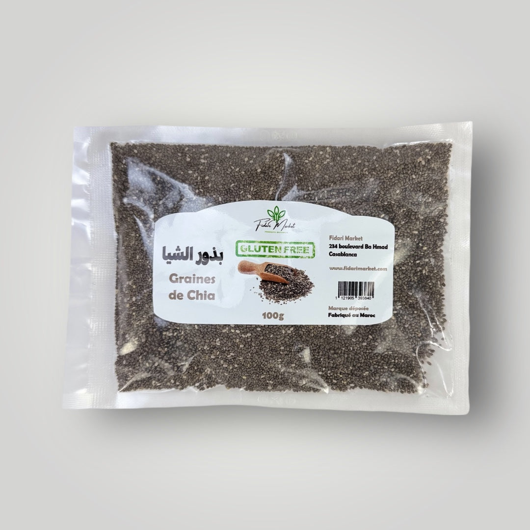 Graines de Chia Sans Gluten 100g – 100% naturel superfood – Fidari Market Casablanca